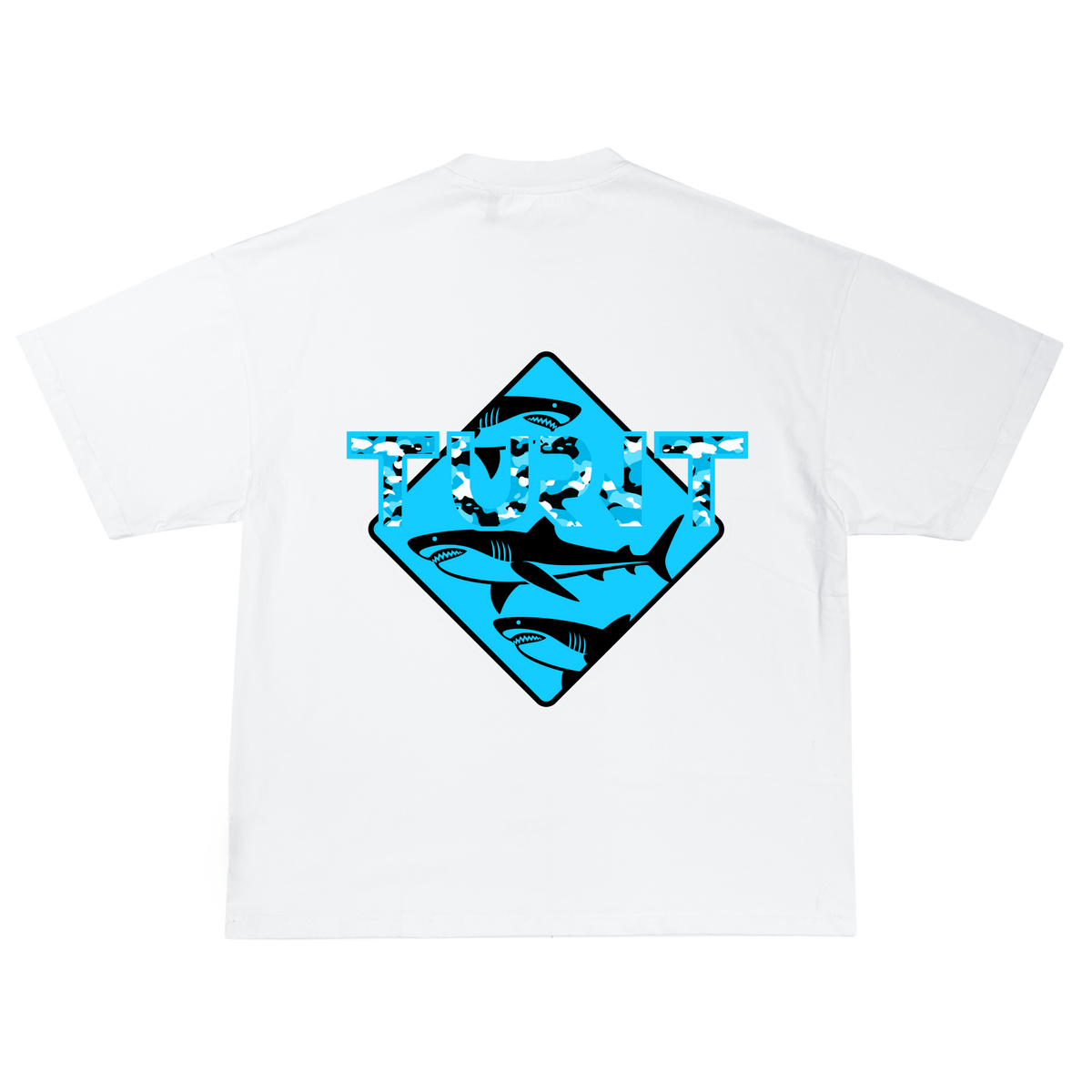 Blue Shark T-shirt in white, back view