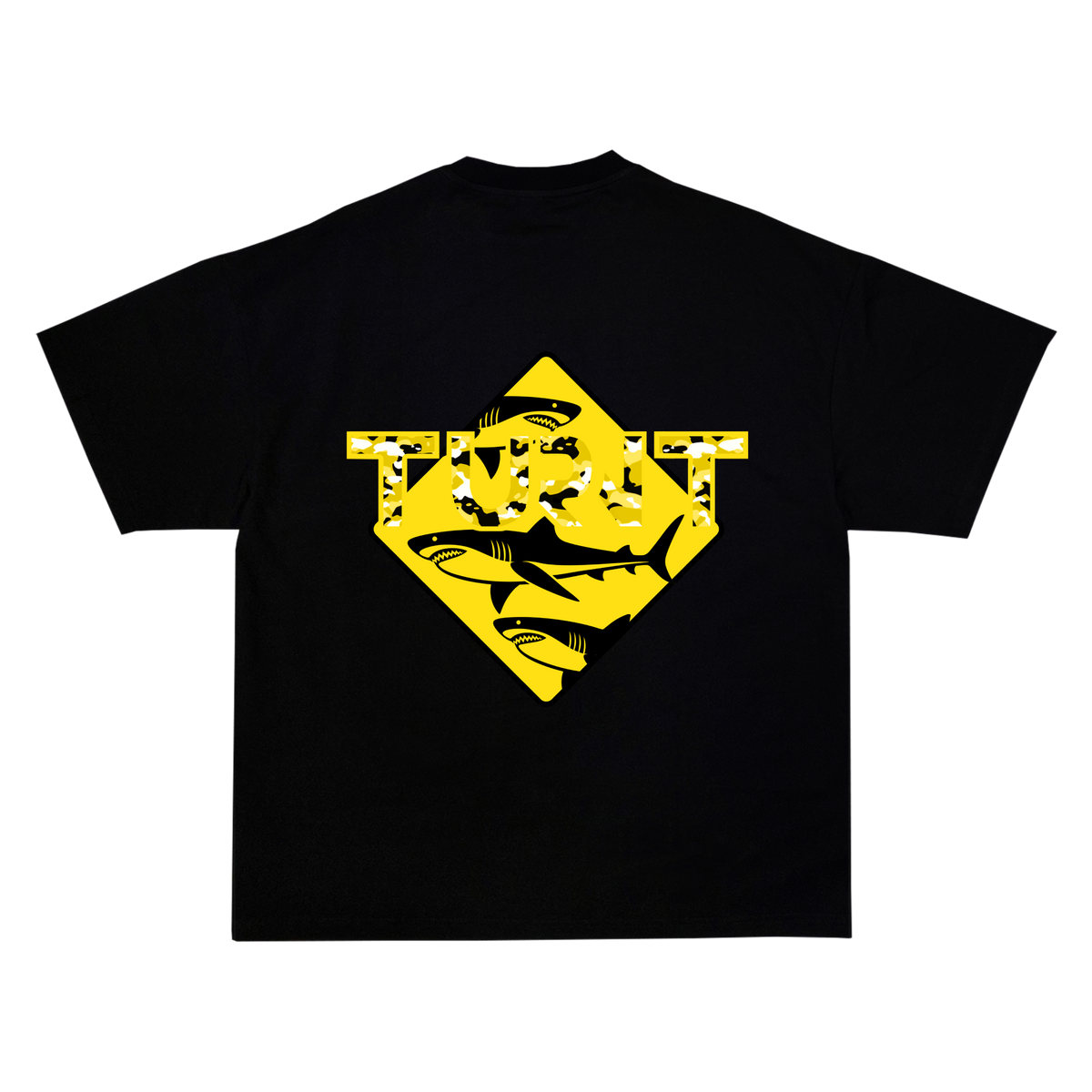 Yellow Shark T-shirt in black, back view