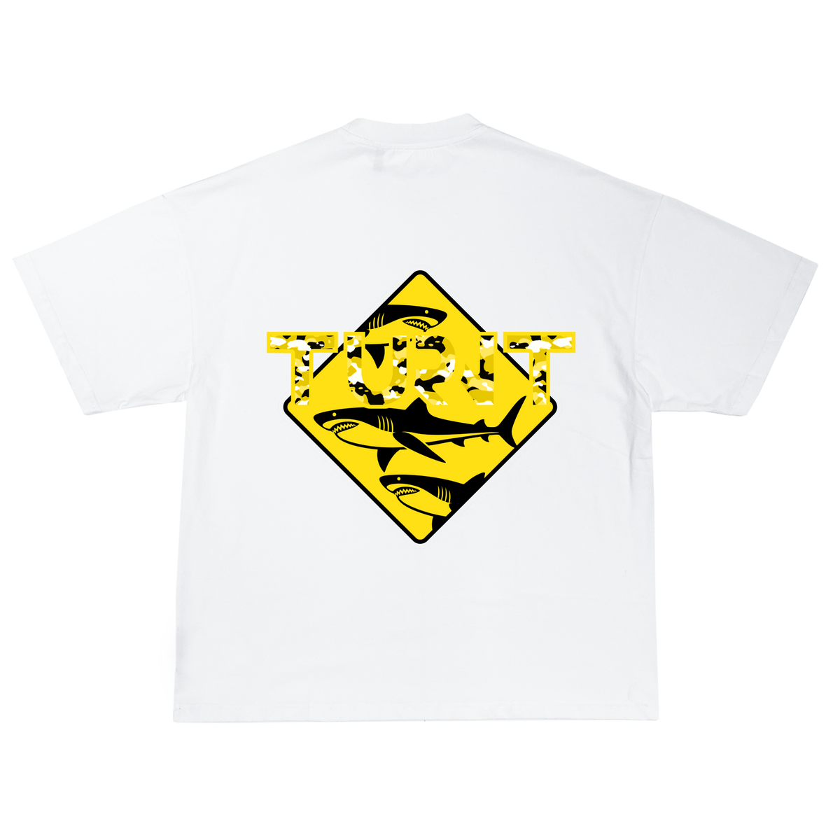 Yellow Shark T-shirt in white, back view