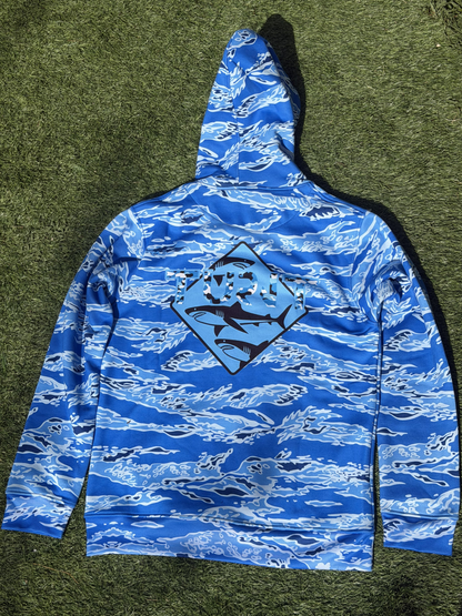 Tiger Camo Blue Shark Hoodie, alternate front view, outdoors on grass