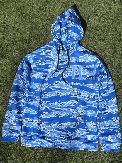 Tiger Camo Blue Shark Hoodie, front view, outdoors on grass