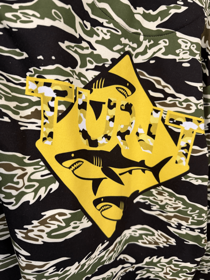 Tiger Camo Yellow Shark Hoodie, close-up of back shark graphic