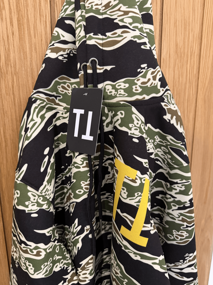 Tiger Camo Yellow Shark Hoodie, hanging flat lay view