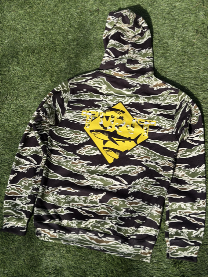 Tiger Camo Yellow Shark Hoodie, alternate front view, outdoors on grass